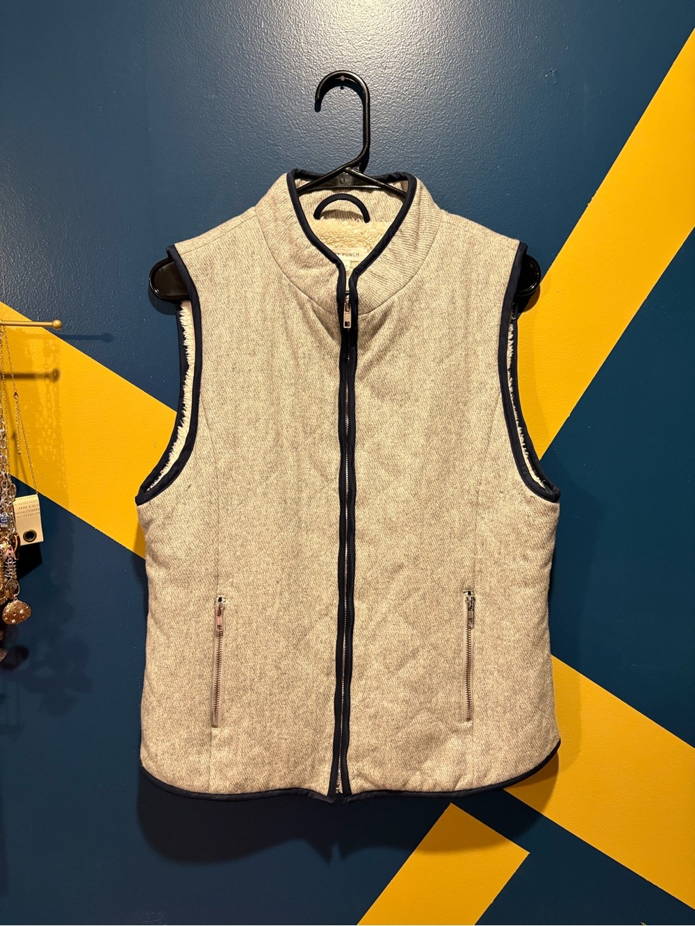 Honey Punch Off White & Navy Wool Blend Sherpa Vest NWOT